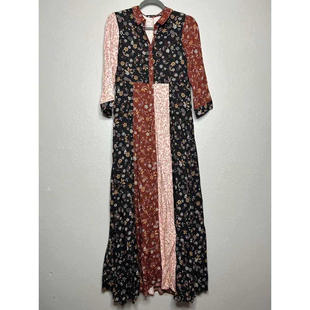 Zara Patchwork Floral Maxi Dress in Black, Rust & Blush